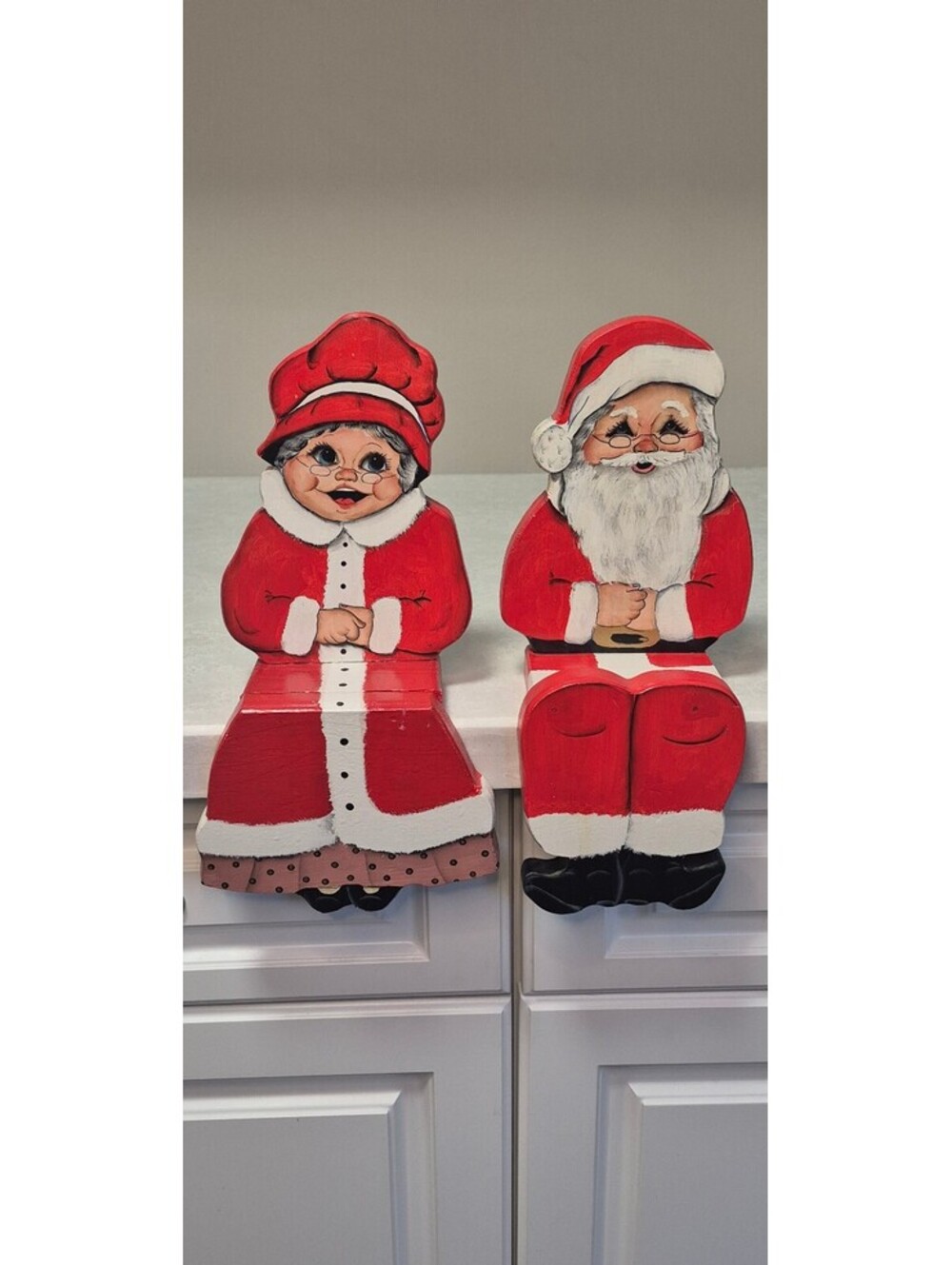 Vintage Hand Painted Wooden Santa and Mrs Claus Mantle Shelf Sitter Pair